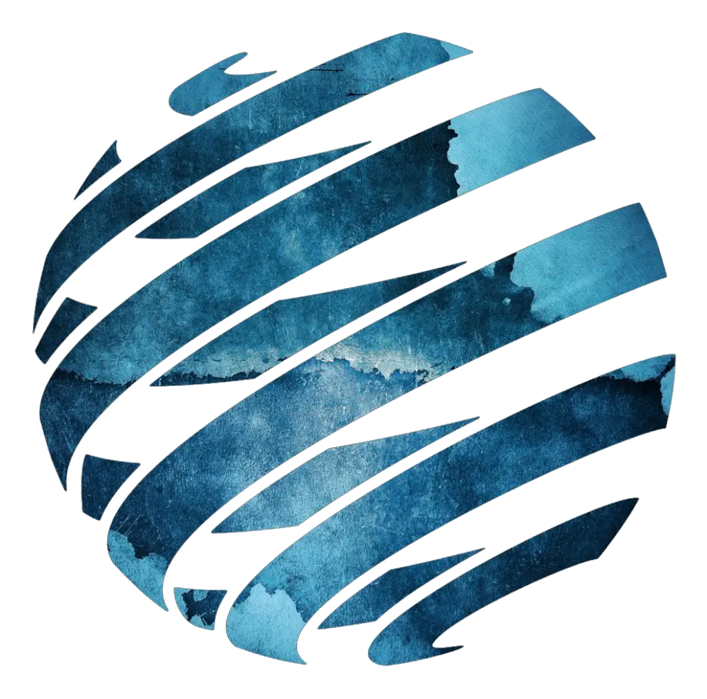 Modernes, blaues Globus-Design mit architektonischen Pinselstrichen, repräsentiert Bauprojekte und Ingenieurskunst von ekosphere doo Ulcinj.