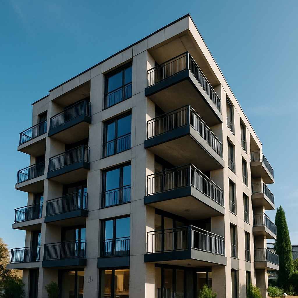 Modernes, vierstöckiges Wohngebäude mit Balkonen und großen Fenstern - ein ekosphere doo Projekt für Bau- und Architektur-Exzellenz.