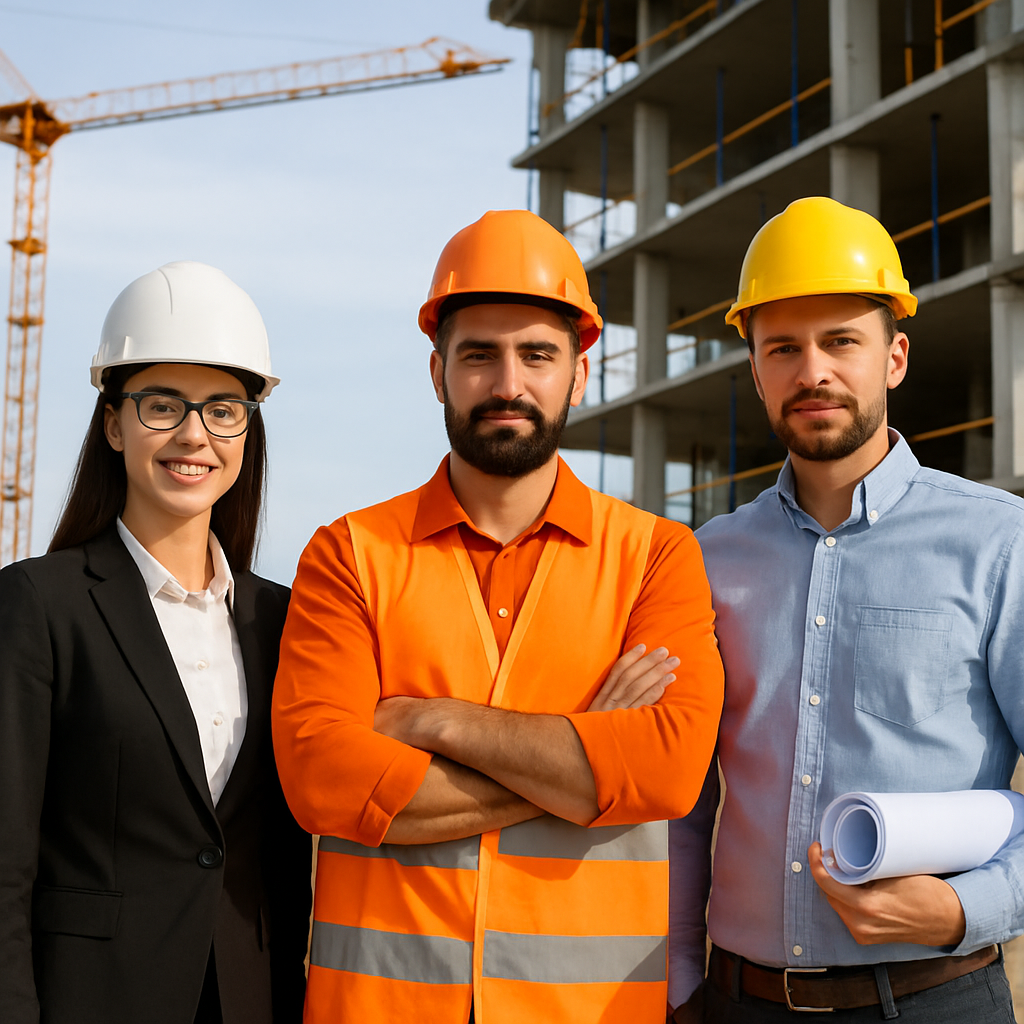Bau- und Ingenieurteam von ekosphere doo Ulcinj vor modernem Gebäudeprojekt, das Architektur, Handwerkskunst und Innovation vereint.