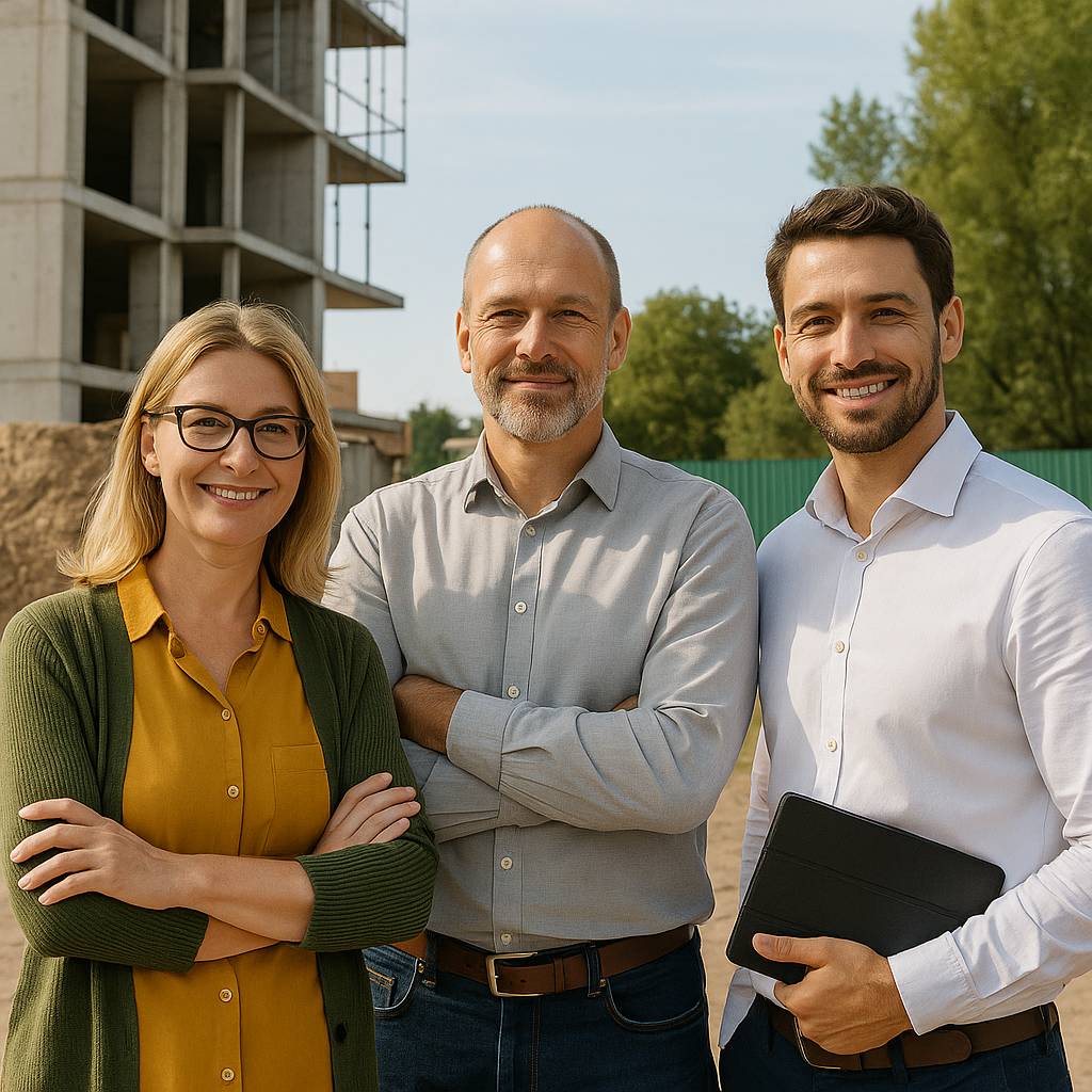 Drei Experten von de.ekosphere-construction.me, Projekt ekosphere doo Ulcinj, vor modernem Gebäude - Bau, Ingenieurwesen & Architektur, bereit für innovative Projekte und hochwertige Handwerkskunst.