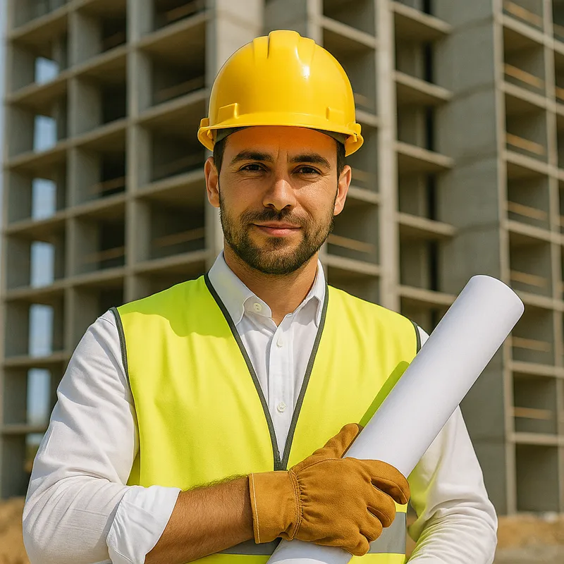 Bauingenieur mit Helm und Plänen vor Rohbau, steht für Architektur, Ingenieurwesen und Projekte von de.ekosphere-construction.me Ulcinj.